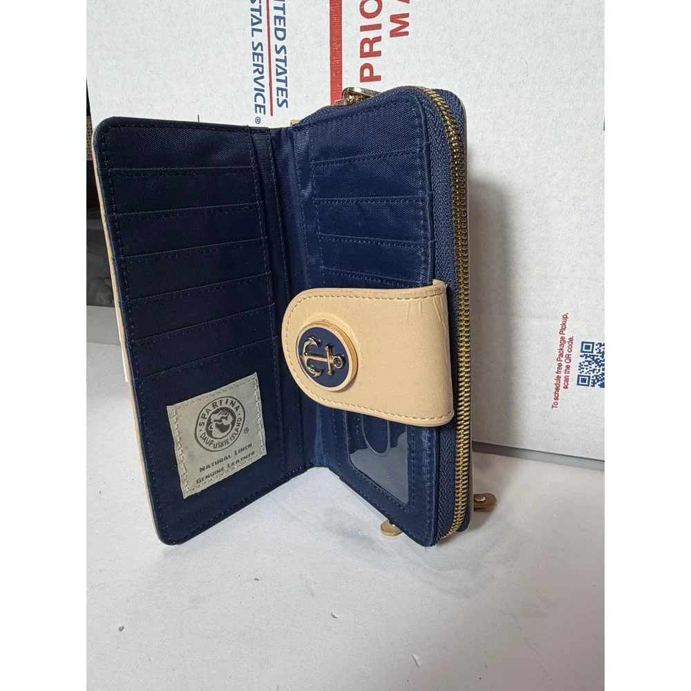 Spartina 449 Daufuskie Island Anchor Linen Leather Continental Wallet Navy Tan